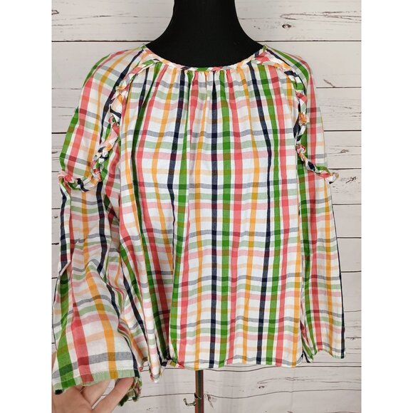 Crown & Ivy Size 2X Green Red Picnic Highland Holiday Ruffle Blouse - Picture 6 of 9